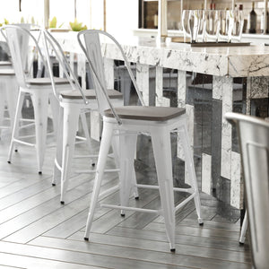 English Elm Carly Commercial-Grade 24" High Metal Counter Stool for Indoor-Outdoor Use, Stylish & Durable Design Gray Seat/White Frame ET-3534-24-WH-PL1G-GG