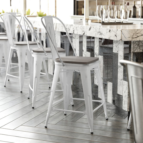 English Elm Carly Commercial-Grade 24" High Metal Counter Stool for Indoor-Outdoor Use, Stylish & Durable Design Gray Seat/White Frame ET-3534-24-WH-PL1G-GG