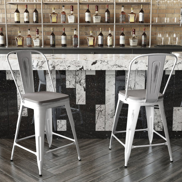 English Elm Carly Commercial-Grade 24" High Metal Counter Stool for Indoor-Outdoor Use, Stylish & Durable Design Gray Seat/White Frame ET-3534-24-WH-PL1G-GG
