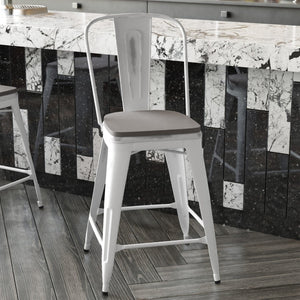 English Elm Carly Commercial-Grade 24" High Metal Counter Stool for Indoor-Outdoor Use, Stylish & Durable Design Gray Seat/White Frame ET-3534-24-WH-PL1G-GG