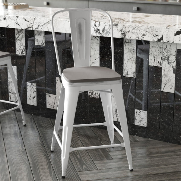 English Elm Carly Commercial-Grade 24" High Metal Counter Stool for Indoor-Outdoor Use, Stylish & Durable Design Gray Seat/White Frame ET-3534-24-WH-PL1G-GG