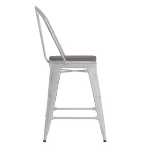 English Elm Carly Commercial-Grade 24" High Metal Counter Stool for Indoor-Outdoor Use, Stylish & Durable Design Gray Seat/White Frame ET-3534-24-WH-PL1G-GG