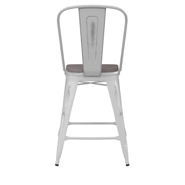 English Elm Carly Commercial-Grade 24" High Metal Counter Stool for Indoor-Outdoor Use, Stylish & Durable Design Gray Seat/White Frame ET-3534-24-WH-PL1G-GG