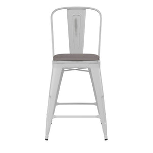English Elm Carly Commercial-Grade 24" High Metal Counter Stool for Indoor-Outdoor Use, Stylish & Durable Design Gray Seat/White Frame ET-3534-24-WH-PL1G-GG