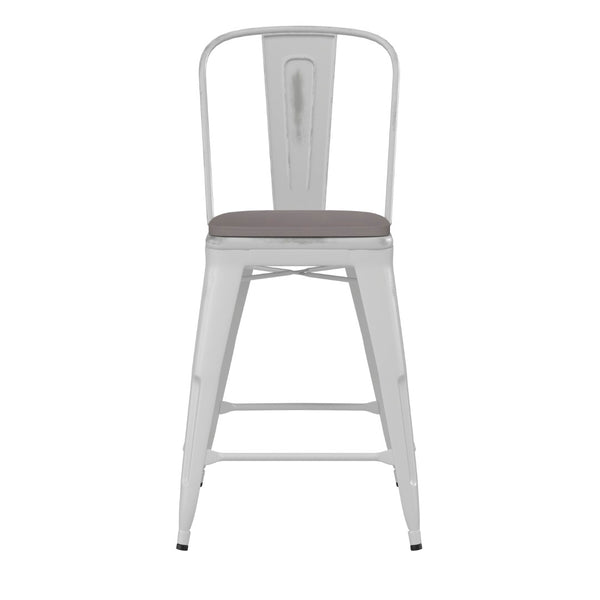 English Elm Carly Commercial-Grade 24" High Metal Counter Stool for Indoor-Outdoor Use, Stylish & Durable Design Gray Seat/White Frame ET-3534-24-WH-PL1G-GG