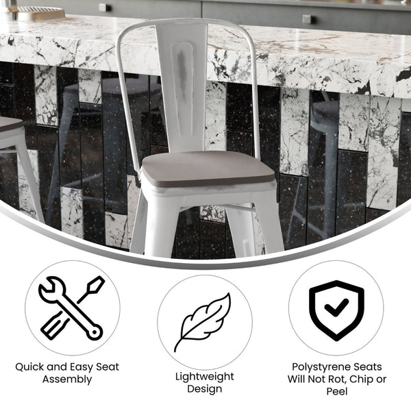 English Elm Carly Commercial-Grade 24" High Metal Counter Stool for Indoor-Outdoor Use, Stylish & Durable Design Gray Seat/White Frame ET-3534-24-WH-PL1G-GG