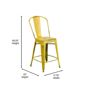 English Elm Carly Commercial Grade 24" High Distressed Metal Counter Stool for Indoor-Outdoor Use, Ergonomic Design Yellow ET-3534-24-YL-GG
