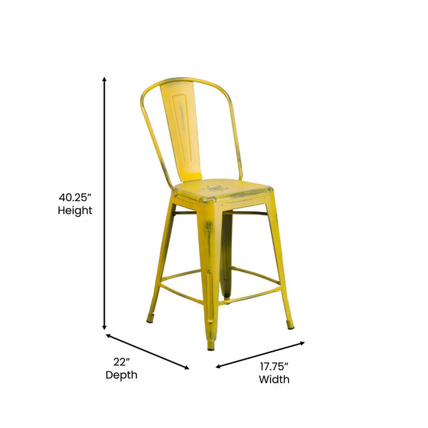 English Elm Carly Commercial Grade 24" High Distressed Metal Counter Stool for Indoor-Outdoor Use, Ergonomic Design Yellow ET-3534-24-YL-GG
