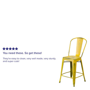 English Elm Carly Commercial Grade 24" High Distressed Metal Counter Stool for Indoor-Outdoor Use, Ergonomic Design Yellow ET-3534-24-YL-GG
