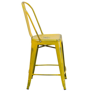 English Elm Carly Commercial Grade 24" High Distressed Metal Counter Stool for Indoor-Outdoor Use, Ergonomic Design Yellow ET-3534-24-YL-GG