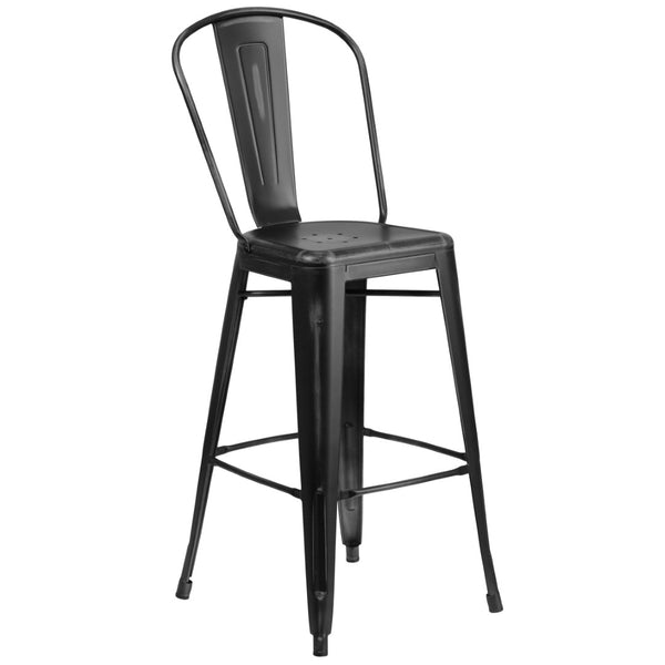 English Elm Cindy Commercial Grade 30" High Distressed Metal Barstool with Back for Indoor-Outdoor Use Black ET-3534-30-BK-GG