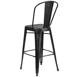 English Elm Cindy Commercial Grade 30" High Distressed Metal Barstool with Back for Indoor-Outdoor Use Black ET-3534-30-BK-GG