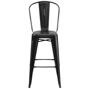 English Elm Cindy Commercial Grade 30" High Distressed Metal Barstool with Back for Indoor-Outdoor Use Black ET-3534-30-BK-GG