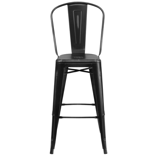 English Elm Cindy Commercial Grade 30" High Distressed Metal Barstool with Back for Indoor-Outdoor Use Black ET-3534-30-BK-GG