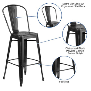 English Elm Cindy Commercial Grade 30" High Distressed Metal Barstool with Back for Indoor-Outdoor Use Black ET-3534-30-BK-GG