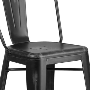 English Elm Cindy Commercial Grade 30" High Distressed Metal Barstool with Back for Indoor-Outdoor Use Black ET-3534-30-BK-GG