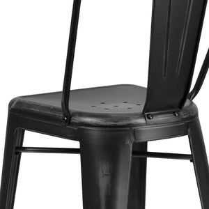 English Elm Cindy Commercial Grade 30" High Distressed Metal Barstool with Back for Indoor-Outdoor Use Black ET-3534-30-BK-GG