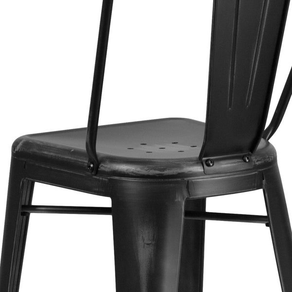 English Elm Cindy Commercial Grade 30" High Distressed Metal Barstool with Back for Indoor-Outdoor Use Black ET-3534-30-BK-GG