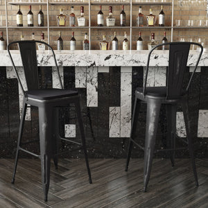 English Elm Carly Commercial Grade 30" High Metal Barstool with Back for Indoor-Outdoor Dining Comfort & Style Black Seat/Black Frame ET-3534-30-BK-PL1B-GG