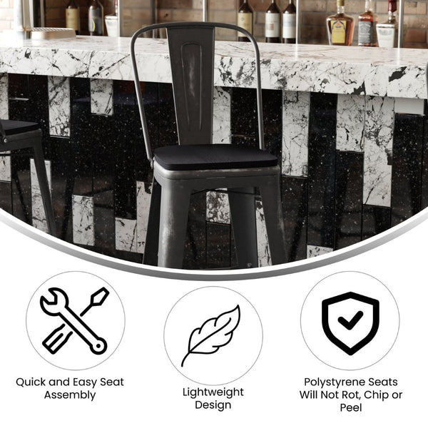 English Elm Carly Commercial Grade 30" High Metal Barstool with Back for Indoor-Outdoor Dining Comfort & Style Black Seat/Black Frame ET-3534-30-BK-PL1B-GG