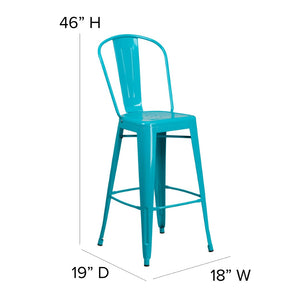 English Elm Cindy Commercial-Grade 30" High Metal Barstool with Back – Stylish Indoor-Outdoor Seating Solution Crystal Teal-Blue ET-3534-30-CB-GG