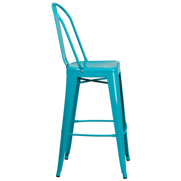 English Elm Cindy Commercial-Grade 30" High Metal Barstool with Back – Stylish Indoor-Outdoor Seating Solution Crystal Teal-Blue ET-3534-30-CB-GG