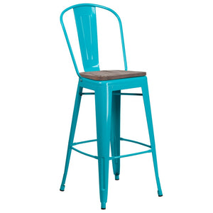 English Elm Cindy 30" High Metal Barstool with Back and Wooden Seat for Rustic-Industrial Dining Spaces Crystal Teal-Blue ET-3534-30-CB-WD-GG