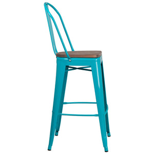 English Elm Cindy 30" High Metal Barstool with Back and Wooden Seat for Rustic-Industrial Dining Spaces Crystal Teal-Blue ET-3534-30-CB-WD-GG