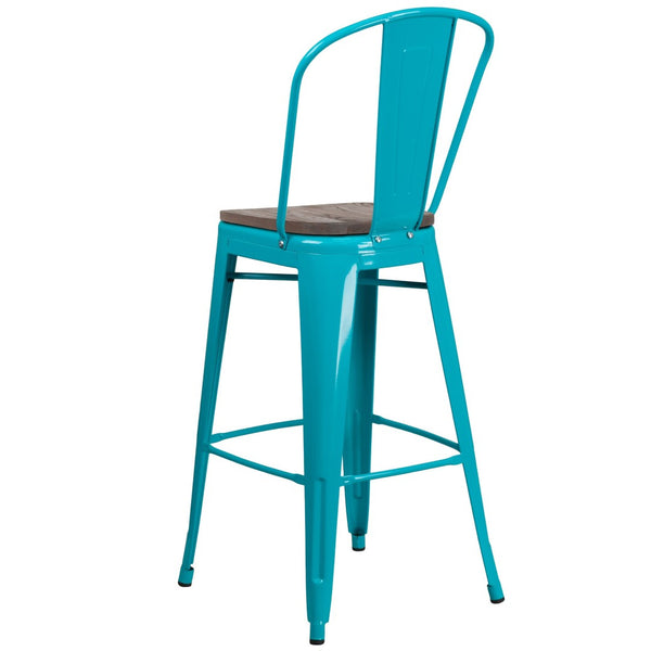 English Elm Cindy 30" High Metal Barstool with Back and Wooden Seat for Rustic-Industrial Dining Spaces Crystal Teal-Blue ET-3534-30-CB-WD-GG