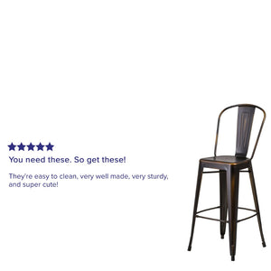 English Elm Cindy Commercial Grade 30" High Distressed Metal Barstool with Back for Indoor-Outdoor Use Copper ET-3534-30-COP-GG