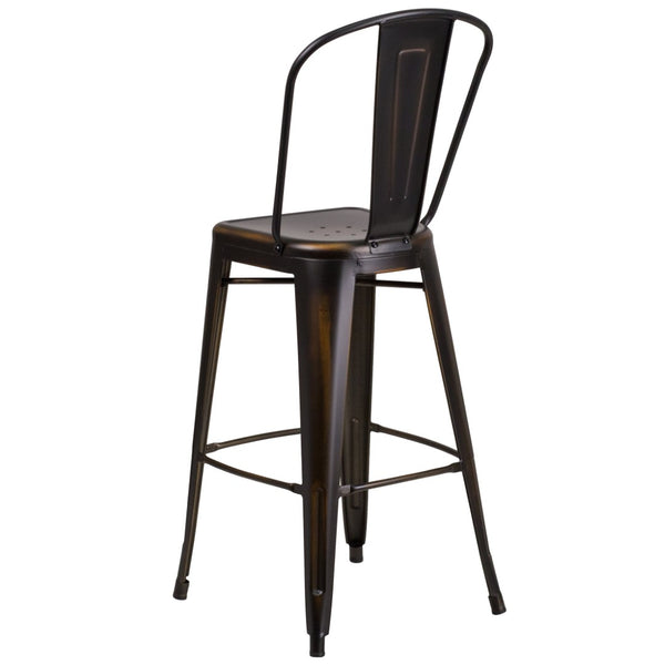 English Elm Cindy Commercial Grade 30" High Distressed Metal Barstool with Back for Indoor-Outdoor Use Copper ET-3534-30-COP-GG