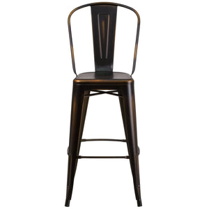 English Elm Cindy Commercial Grade 30" High Distressed Metal Barstool with Back for Indoor-Outdoor Use Copper ET-3534-30-COP-GG