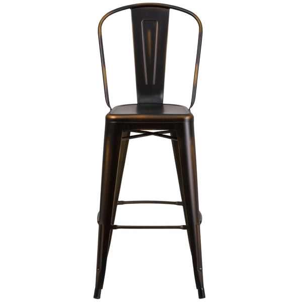 English Elm Cindy Commercial Grade 30" High Distressed Metal Barstool with Back for Indoor-Outdoor Use Copper ET-3534-30-COP-GG