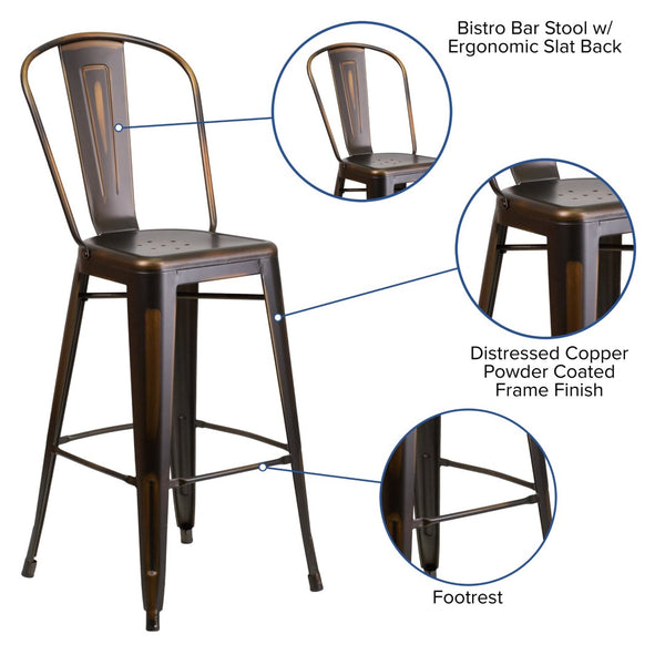 English Elm Cindy Commercial Grade 30" High Distressed Metal Barstool with Back for Indoor-Outdoor Use Copper ET-3534-30-COP-GG