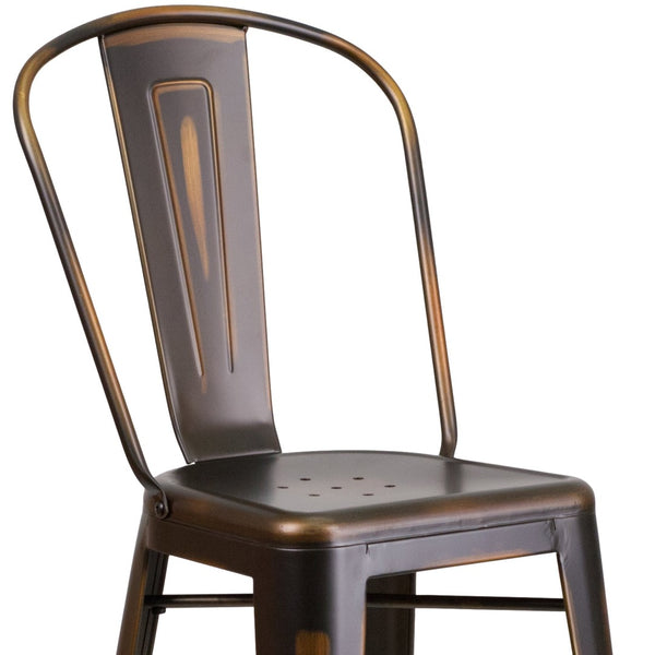 English Elm Cindy Commercial Grade 30" High Distressed Metal Barstool with Back for Indoor-Outdoor Use Copper ET-3534-30-COP-GG