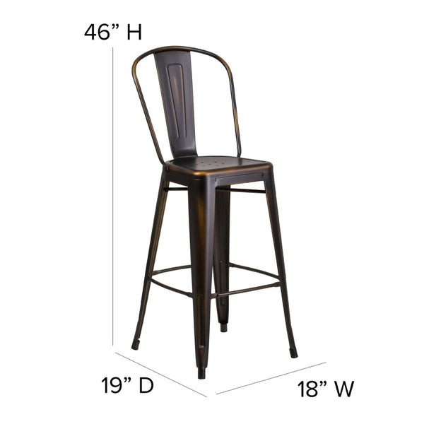 English Elm Carly Commercial Grade 30" High Metal Barstool with Back for Indoor-Outdoor Dining Comfort & Style Black Seat/Copper Frame ET-3534-30-COP-PL1B-GG
