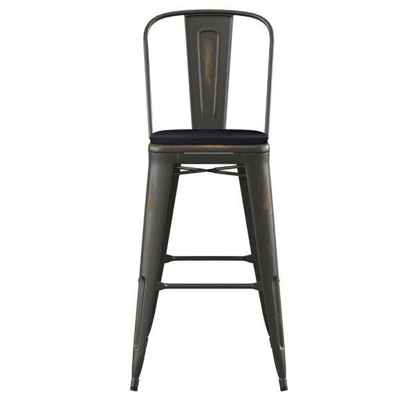 English Elm Carly Commercial Grade 30" High Metal Barstool with Back for Indoor-Outdoor Dining Comfort & Style Black Seat/Copper Frame ET-3534-30-COP-PL1B-GG