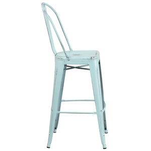 English Elm Cindy Commercial Grade 30" High Distressed Metal Barstool with Back for Indoor-Outdoor Use Green-Blue ET-3534-30-DB-GG