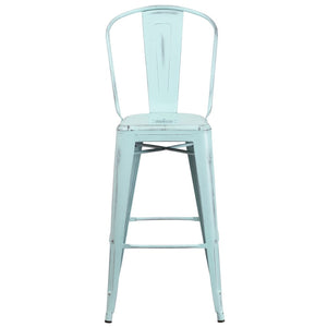 English Elm Cindy Commercial Grade 30" High Distressed Metal Barstool with Back for Indoor-Outdoor Use Green-Blue ET-3534-30-DB-GG