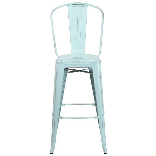 English Elm Cindy Commercial Grade 30" High Distressed Metal Barstool with Back for Indoor-Outdoor Use Green-Blue ET-3534-30-DB-GG