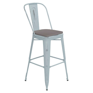 English Elm Carly Commercial Grade 30" High Metal Barstool with Back for Indoor-Outdoor Dining Comfort & Style Gray Seat/Green-Blue Frame ET-3534-30-DB-PL1G-GG
