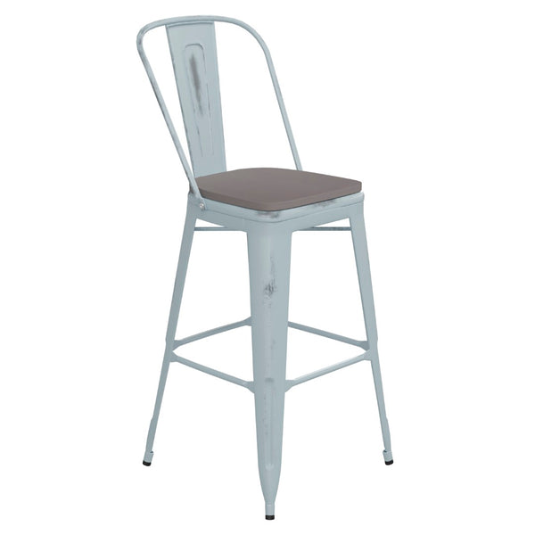 English Elm Carly Commercial Grade 30" High Metal Barstool with Back for Indoor-Outdoor Dining Comfort & Style Gray Seat/Green-Blue Frame ET-3534-30-DB-PL1G-GG