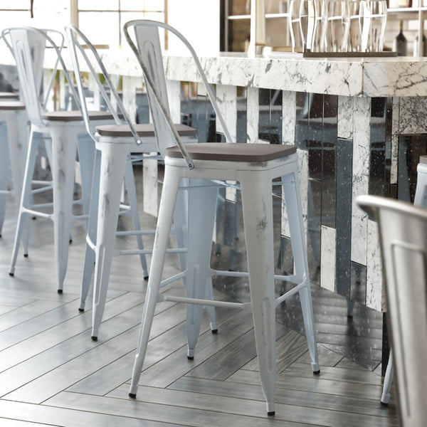 English Elm Carly Commercial Grade 30" High Metal Barstool with Back for Indoor-Outdoor Dining Comfort & Style Gray Seat/Green-Blue Frame ET-3534-30-DB-PL1G-GG