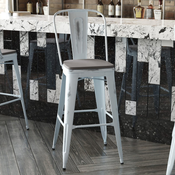 English Elm Carly Commercial Grade 30" High Metal Barstool with Back for Indoor-Outdoor Dining Comfort & Style Gray Seat/Green-Blue Frame ET-3534-30-DB-PL1G-GG