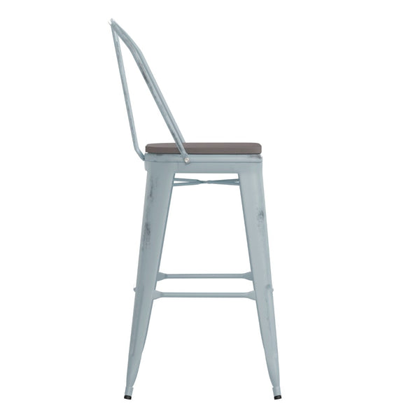 English Elm Carly Commercial Grade 30" High Metal Barstool with Back for Indoor-Outdoor Dining Comfort & Style Gray Seat/Green-Blue Frame ET-3534-30-DB-PL1G-GG