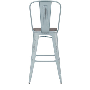 English Elm Carly Commercial Grade 30" High Metal Barstool with Back for Indoor-Outdoor Dining Comfort & Style Gray Seat/Green-Blue Frame ET-3534-30-DB-PL1G-GG