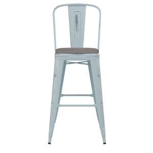 English Elm Carly Commercial Grade 30" High Metal Barstool with Back for Indoor-Outdoor Dining Comfort & Style Gray Seat/Green-Blue Frame ET-3534-30-DB-PL1G-GG