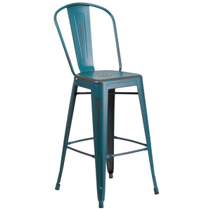 English Elm Cindy Commercial Grade 30" High Distressed Metal Barstool with Back for Indoor-Outdoor Use Kelly Blue-Teal ET-3534-30-KB-GG