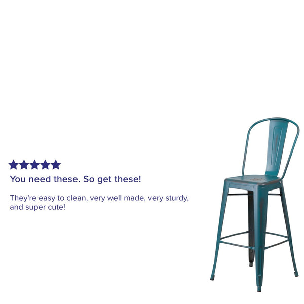 English Elm Cindy Commercial Grade 30" High Distressed Metal Barstool with Back for Indoor-Outdoor Use Kelly Blue-Teal ET-3534-30-KB-GG