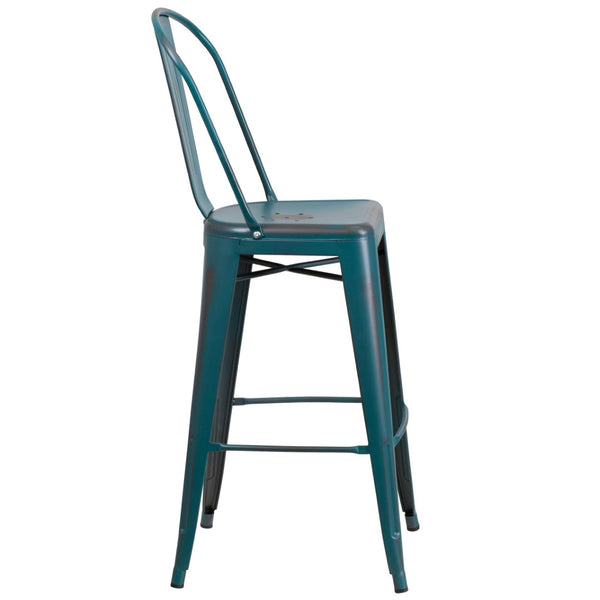 English Elm Cindy Commercial Grade 30" High Distressed Metal Barstool with Back for Indoor-Outdoor Use Kelly Blue-Teal ET-3534-30-KB-GG